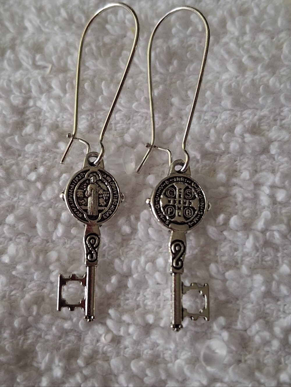 Silver-Tone Key Dangle Earrings with St. Benedict Medallion